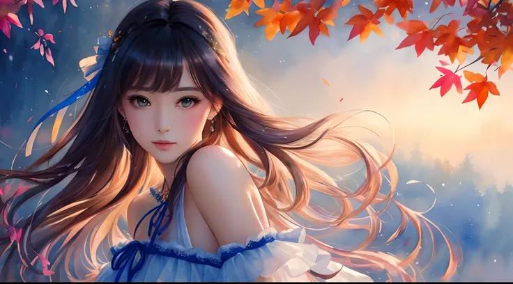 (8K、top-quality、​masterpiece:1.2)、(top-quality:1.0)、(超A high resolution:1.0)、watercolor paiting、Beautuful Women、shoulder、Hair Ribbon、Agnes Cecil、half-body portrait、extremely luminous bright design、PastelColors、(inky:1.3)、autumn lights、Soft light、Hair in mo...