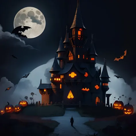 Halloween illustration、Pumpkin ghost、A castle with many pointed towers、fullmoon、the bats、Illustration style