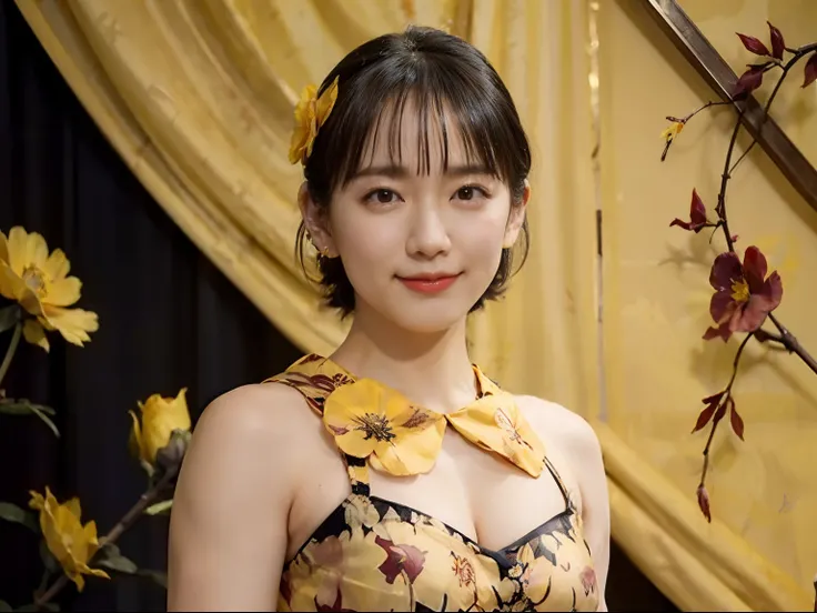 79
(20-year-old princess,is standing), (A hyper-realistic), (masutepiece), ((short-hair:1.46)), (Smooth black hair), (Breast:1.0), (kindly smile:0.9), (Yellow and red floral dress:1.46), Majestic Palace, Orange Lipstick