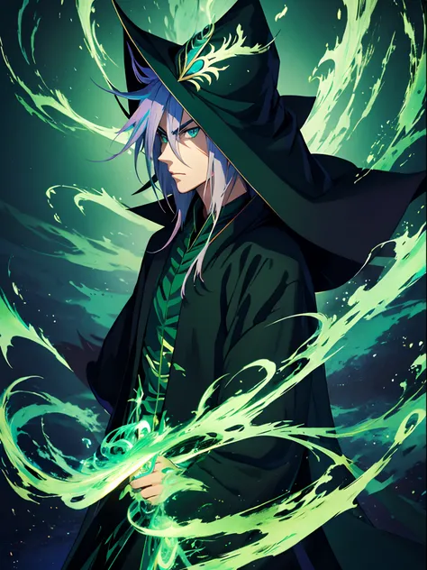 anime handsome man, dark magician, bright green eyes, black robe