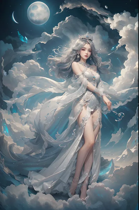 "(masterpiece: 1.3), 8K UHD resolution, ethereal Moon Goddess with unparalleled beauty, Smooth, captivating movement, (Best Illustration),(Best Silhouette), (Liner sharp eyes, eye shadow, detailed eyes: 1.7, bioluminescent body: 1.7. (Body floating in the ...