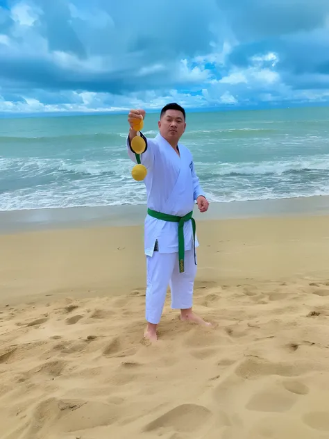 Theres a man on the beach holding a yellow frisbee, album photo, Karate, competition winning, Nikolay, professional unique master piece, inspired by Gatōken Shunshi, inspired by Kanō Tanshin, Estilo Ilya Kuvishinov, Vitaly Bulgarov, Directed by: Alexander ...