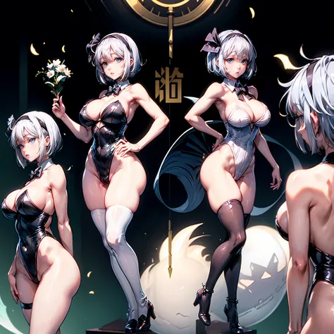 ((Konpaku Youmu)), short hair, white hair, bangs, multiple expressions,thick thighs, leotard, masterpiece, best quality, absurd res, character sheet, multiple views of the same character, full body, large breasts, blue eyes, black bowtie, Black hairband, s...