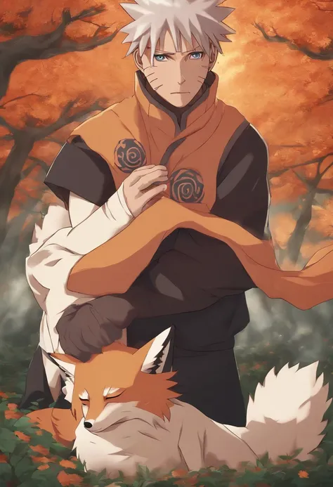 Naruto holding the dead nine-tailed fox in his arms, Naruto crying, background of Konoha, Naruto in his adult phase (30 years old), the death of Kurama, anime, Naruto, BORUTO