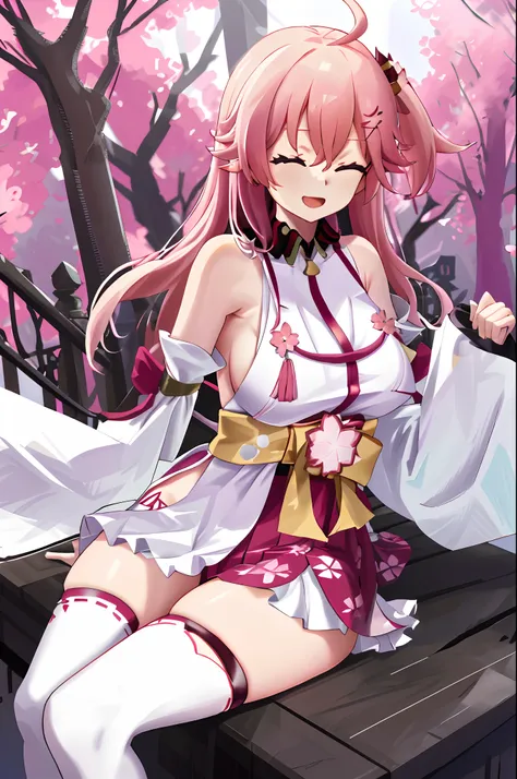 masterpiece, best quality, highres, miko1, sakura_miko, 1girl, big_boobs, solo, ahoge, x_hair_ornament, pink_hair, floral print, hairclip,(side_less_clothes:1.5), (side_boobs:1.5), hair_bell, floral print, long_hair, hair between eyes, one side up, white t...