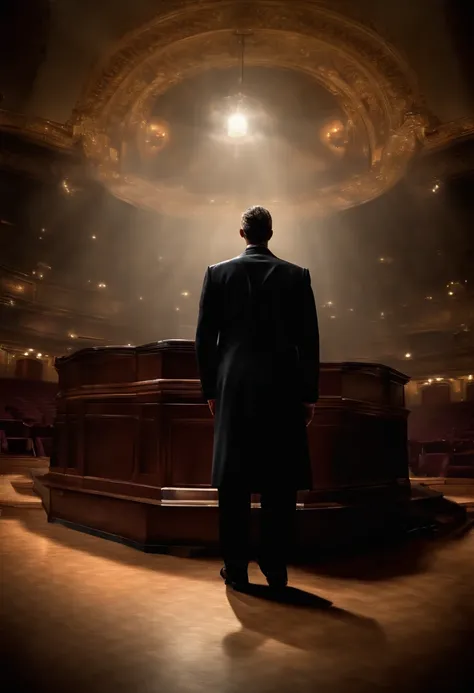 man in suit preaching aggressively from a pulpit and his shadow stretching far across the floor and covering the audience, (front view:2), photography, realistic, detailed, dramatic