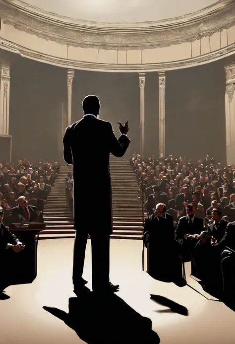 man in suit preaching aggressively from a pulpit and his shadow stretching far across the floor and covering the audience, (front view:2), photography, realistic, detailed, dramatic