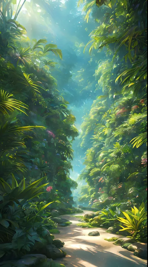 Digital illustration, Detailed and intricate, Lush tropical jungle，Planted with exotic flowers, Plants and animals, Sunlight shines through the canopy，Produces a mottled effect. A quiet river，Take small steps through the jungle, In the style of Yoshitaka A...