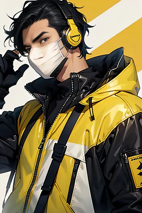 cool man, yellow jacket, wearing black headset, white mask, black hair, high detailed,