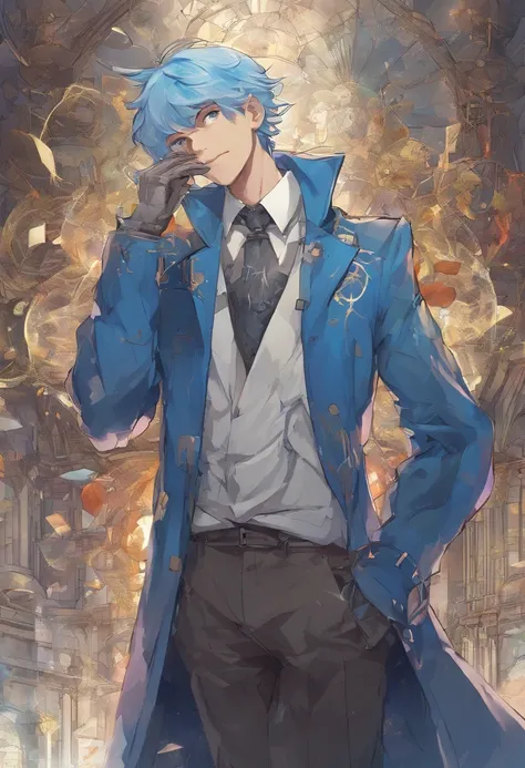 "&& Steampunk middle-aged man with blue hair in transparent coat imagery, glassy reflections, 2/3 corner faces , && 16K graphics resolution maximized, Autumn background, anime big breast, The nuances of minimalism, 20_year_Old_A theater knight who looks li...