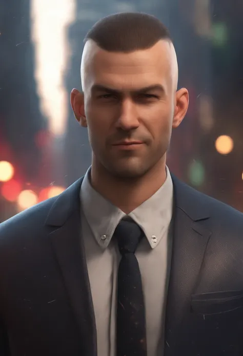 a man with an evil smile button up shirt, raining in the city, fire burning in the background, shaved head, red rim lighting, 8K, UHD, [candid, amateur], cinematic lighting, upper body, highly detailed face, close up, serious face, villainous