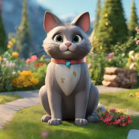 Eine graue Norwegische Waldkatze, Minuschka, mit einer Krone auf dem Kopf, liegt im Garten und sonnt sich, Disney-Pixar-Stil