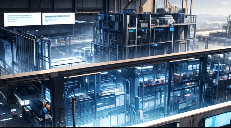 is depicted in a modern industrial scene。The environment is full of machines and automation that work efficiently。The atmosphere is full of energy and innovation，It reflects the important supporting role of the industrial Internet in the development of the...