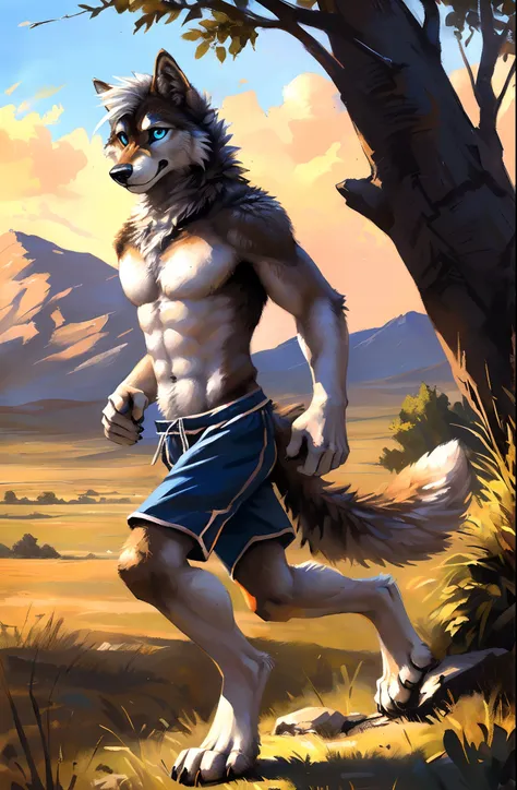 ((Solo)), male people, anthro wolf, (Multi-colored fur, White-brown:1.3，White tail pointed), (Height 2.3 meters,Tail length 1.2m), ((Wolf face, White hair, Big eyes, White eyelids, Blue pupil, Slim:1.2) (Tough, Calm expression:1.2)), Abs, Slim, pinging)), ...