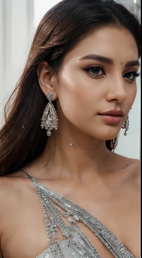 masterpiece, best quality), Front pose, intricate details, realistic, photorealistic, a close up of a woman wearing earrings, inspired by Noor Khan, draped in crystals, silver color, long earrings, sandra chevier, huge earrings, 2019, blue-eyed, platinum j...