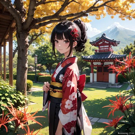 (Best Quality, masutepiece,8K),(1girl in, shrine maiden, Pitch black kimono,Brown-eyed,,Black hair, Walking, Upper body), Labyrinth of the Night, Giant tree in the background,Ginkgo tree, (Lots of small, Bright red spider lilies grow on the ground), Shrine...