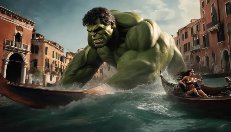 Realistic, Personalidade: [Illustrate a photo of the Hulk and Wonder Woman about to board a gondola in Venice. The peaceful and serene atmosphere is destroyed when the water beneath them churns and foams. A huge mechanical sea serpent emerges from the wate...