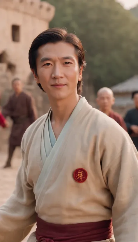 ((((super high quality)))), ((8K)), ((135mm sony lens)), young jackie chan, bald, dressed like avatar  Aang the airbender, kungfu pose, smiling, full body photo, ancient Chinese city in the background, (((wes anderson color grade)))