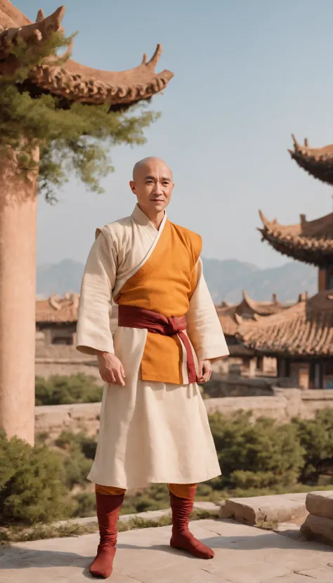 ((((super high quality)))), ((8K)), ((135mm sony lens)), young jackie chan, bald, dressed like avatar  Aang the airbender, kungfu pose, smiling, full body photo, ancient Chinese city in the background, (((wes anderson color grade)))