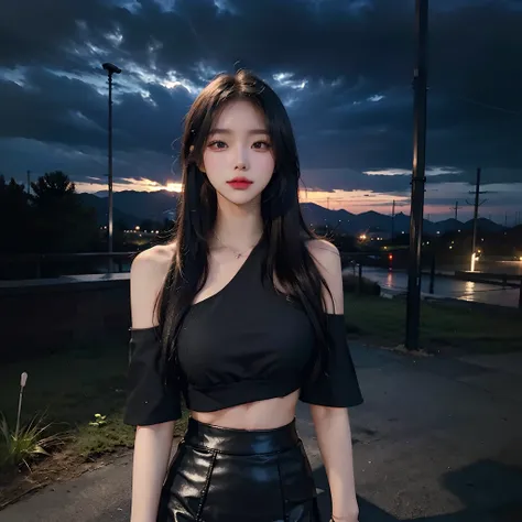 s whole body,  (realisitic:1.4),  8K UHD,  Top  Quality,  The ultra-Highres,  Unique Backgrounds,  clouds,  Dark and very dark.....,  Building lights are lighting up the night.....,  wind:1.3,  (Wearing a crop top and a short skirt),  (images:1.1),  kpop-i...