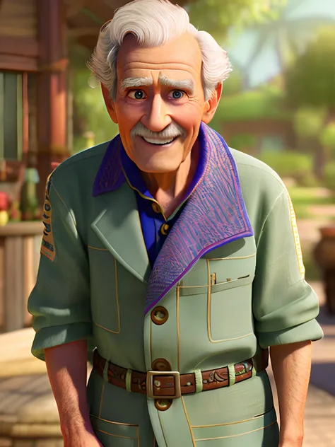 Pixarstyle A waist-high portrait of an elderly man with social clothes, smile, natural skin texture, 4K textures, HDR, intricate, highly detailed, sharp focus, cinematic look, hyper-detailed