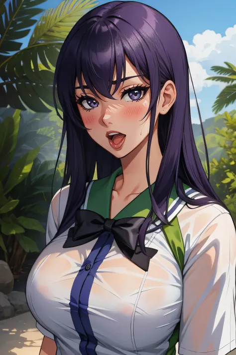 (obra maestra, La mejor calidad),  Detalles intrincados,
 1girl, busujima_SAEKO, purple hair, uniforme escolar, falda, Cola de caballo, Pelo muy largo,
  sonrisa seductora, Al aire libre, bosque,  sweating, sudor de tetas, escote, lips, blush, wet body, op...