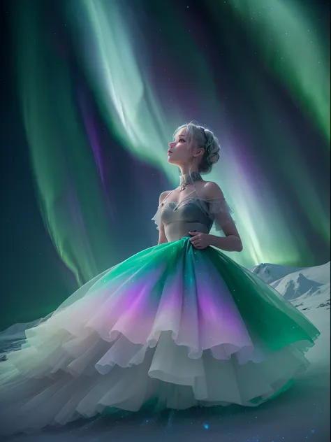 （ballet girl spinning and dancing in the northern lights）, (wear a white tutu:0.8)，（whirling dance：0.5）， (there are multiple lay...