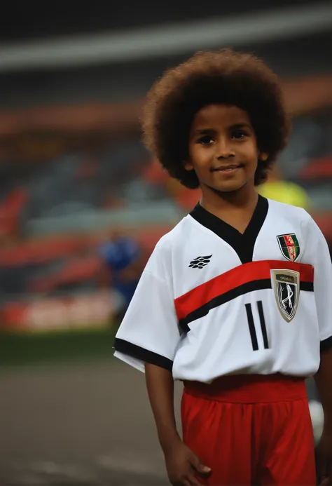 Junior player of the Seleção Mirim, em um campo de futebol de copa do mundo. Menino, 8 anos, cabelo crespo, cacheado, Flowing,castanho, camisa flamengo, olhos castanhos escuro, pele negra, preto, barnet, barnet,