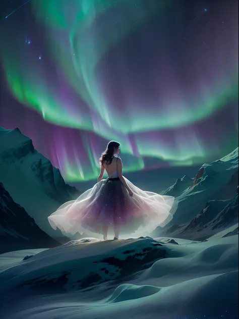 （ballet girl spinning and dancing in the northern lights）, (wear a white tutu:0.8)，（whirling dance：0.5）， (there are multiple lay...