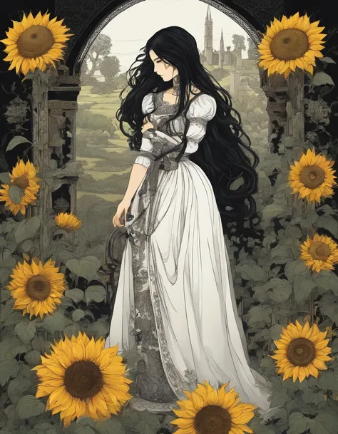 ((pintura), (Manga style:1.2), detalhado, alta qualidade), Peasant girl with long black hair wearing a white Renaissance dress with muscular arms and muscular legs exposed, with a cottage full of sunflowers and trees