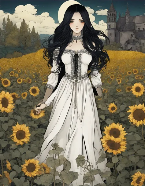 ((pintura), (Manga style:1.2), detalhado, alta qualidade), Peasant girl with long black hair wearing a white Renaissance dress with muscular arms and muscular legs exposed, with a cottage full of sunflowers and trees