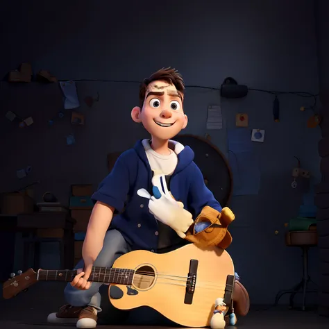 A boy with the guitar in his hand in the Pixar animation, de perto. The character takes center stage with captivating facial expressions, oferecendo um toque de irrealidade