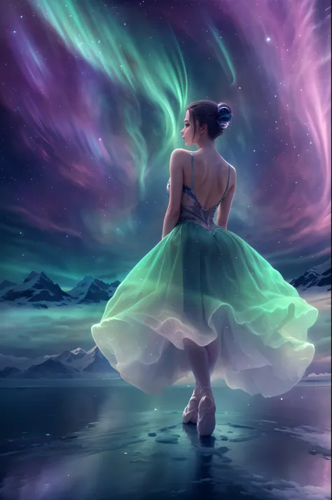 （The back of an actress dancing ballet on an iceberg floating island of the Northern Lights)，（Dancing backs：0.8），（White ballet feather top），Smoked skirt，
Green and purple Northern Lights meteor showers drill in the mountains, Towering icebergs，The earth wa...