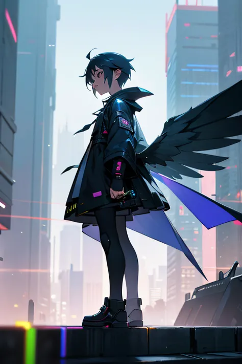 in the cyberpunk city, Has an angled wing on the back、Little boy standing in angled appearance with shiny ring on head , His dress can reflect the light around, side portrait,Half body, Looking straight in the crowd, Cyberpunk city lighting on background, ...