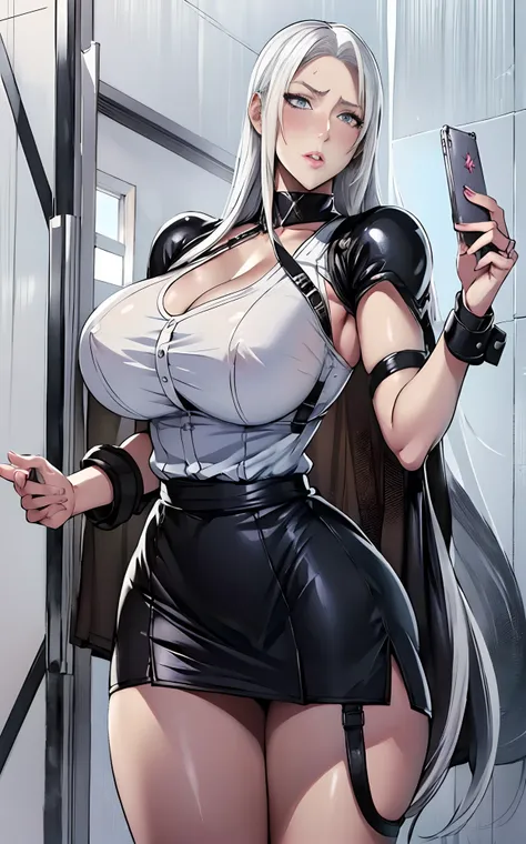 anime character with white hair and black skirt holding a mobile phone, (sfv) safe to work, tifa lockhart with white hair, sakim...