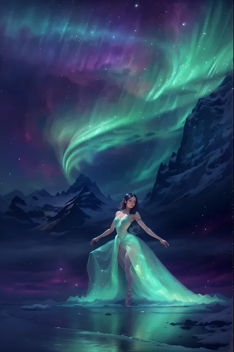 （The back of an actress dancing ballet on an iceberg floating island of the Northern Lights)，（Dancing backs：0.8），Smoked skirts，
Green and purple Northern Lights meteor showers drill in the mountains, Towering icebergs，The earth was covered with snow，An isl...