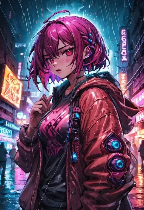 fotografia de close-up, jovem mulher cyberpunk confiante com cabelos loiros e brancos em um coque, usando um capuz com desenhos vermelhos e azuis, on a rain-soaked street at night, fotorrealista, Cinematic lighting