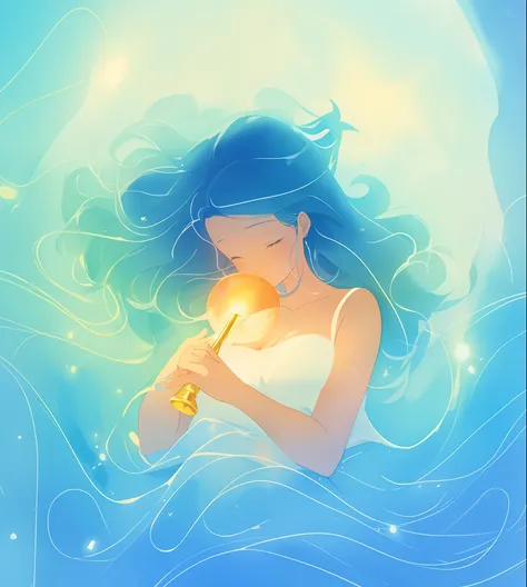 beautiful girl surrounded by blue liquid light, long wavy blue hair, ((beautiful girl holding a golden ball of light)), watercolor illustration, glowing aura around her, beautiful, ((masterpiece)), best quality, anime disney style