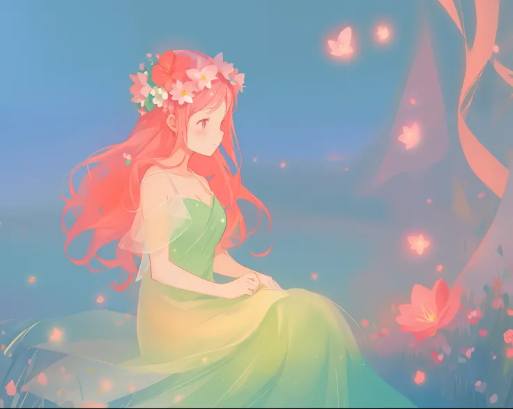 beautiful girl in white dress, fairy dress, beautiful girl sitting in a field with pink red flowers, glowing lights, whimsical landscape, long pink flowing hair, watercolor illustration, inspired by Glen Keane, inspired by Lois van Baarle, disney art style...