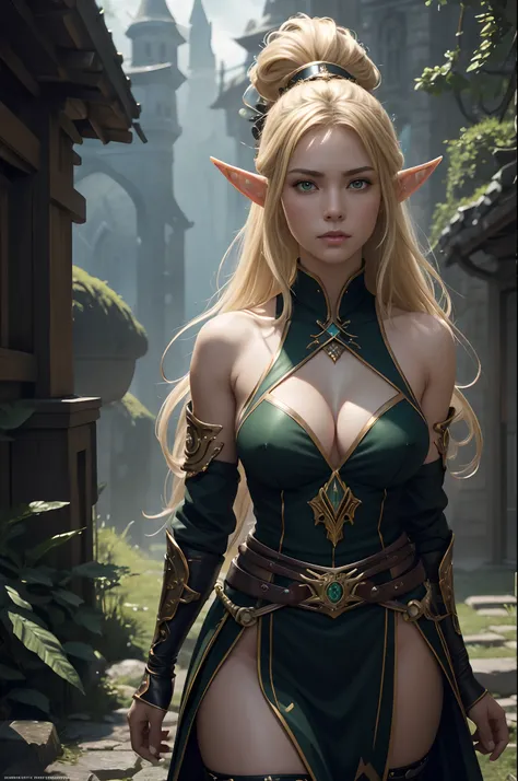 8K,Model Chute Style、(the Extremely Detailed CG Unity 8K Wallpapers)、full-shot body photo of the most beautiful artwork in the world、Elves on all fours、Blonde Mohawk,Green Valley、Sexy chest armor in black and gold.Black skirt,Pearl skin、Diamonds、Medieval a...