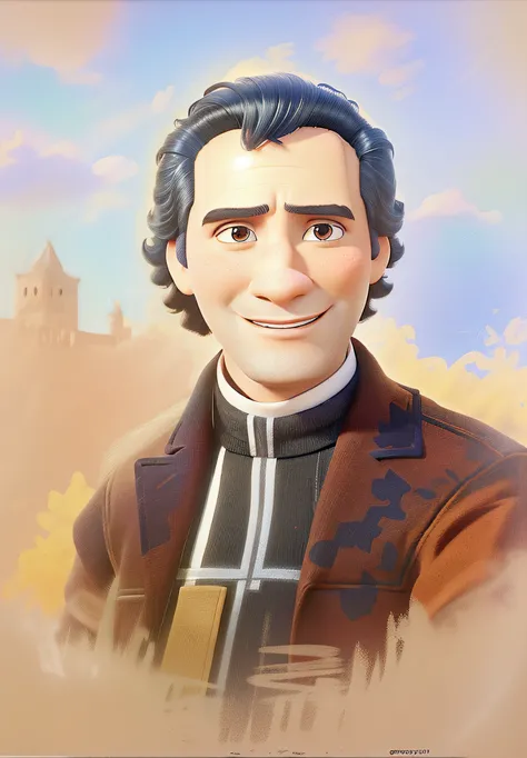 Father Saint Champagnat, com sua batina preta no estilo disney pixar, quadrado no peito, realista, colorida, fotorrealista