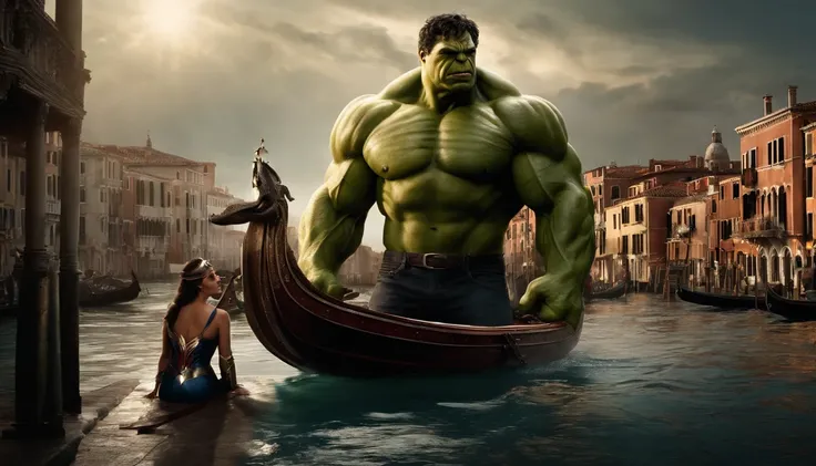 Realistic, Personalidade: [Illustrate a photo of the Hulk and Wonder Woman about to board a gondola in Venice, A huge mechanical sea serpent emerges from the water, piloted by a villain from another dimension. The scene should convey a sense of surprise an...