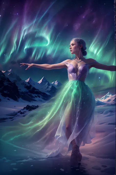 （The back of an actress dancing ballet on an iceberg floating island of the Northern Lights)，（Dancing backs：0.8），Smoked skirt，Fluttering hair， (Beautiful silhouette：1.0）
Green and purple Northern Lights meteor showers drill in the mountains, Towering icebe...