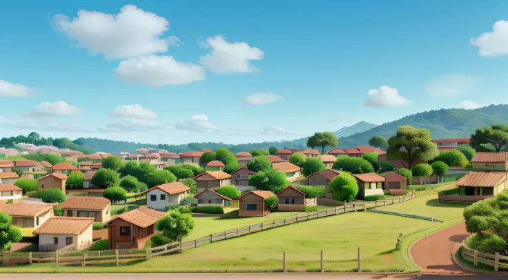 crie uma paisagem de um bairro, sem casas, With green vegetation and sunny skies