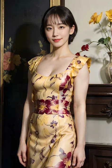 79
(20-year-old princess,is standing), (A hyper-realistic), (masutepiece), ((short-hair:1.46)), (Smooth black hair), (Breast:1.0), (kindly smile:0.9), (Yellow and red floral dress:1.46), Majestic Palace, Orange Lipstick