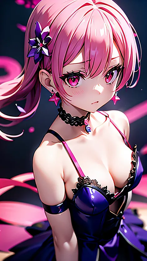 (masutepiece, Best Quality),Pink starry background,Purple Choker,Red Eyes,flower,Blue Mesh Dress,Bare_shoulders,鎖骨,earrings,Jewelry,(flower,fire),hair behind ear,
Sense of depth,4K,absurderes,(From  above),Dynamic Angle,