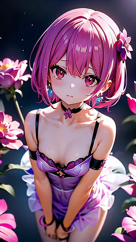 (masutepiece, Best Quality),Pink starry background,Purple Choker,Red Eyes,flower,Blue Mesh Dress,Bare_shoulders,鎖骨,earrings,Jewelry,(flower,fire),hair behind ear,
Sense of depth,4K,absurderes,(From  above),Dynamic Angle,