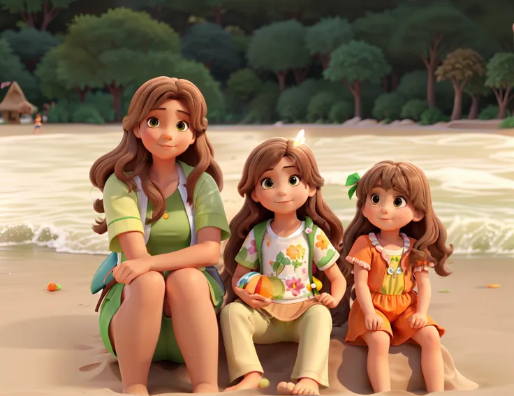 A wise woman with light brown hair dressed in green, A child girl with light brown hair dressed in a colorful swimsuit, A child girl with light brown hair wearing an orange swimsuit, Sitting on the sand of the beach in front of there are some trees, com a ...