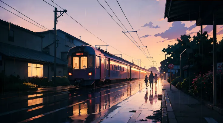 Anime Train Scene, passing under a pink-purple sky, anime drawing by Makoto Shinkai, Trend in Pixiv, magical realism, beautiful anime scene. makoto sinkai, ( ( makoto sinkai ), makoto sinkai, anime background art, style of makoto shinkai, with a lot of rai...