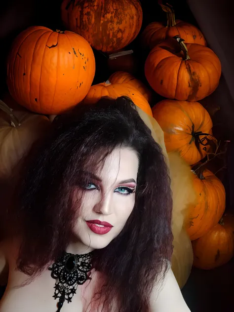 Woman with long dark hair posing in front of pumpkins, in a halloween style, with haunted eyes and dark hair, with hounded eyes and wild hair, with haunted eyes and crazy hair, with haunted eyes and curly hair, with wild hair and hounded eyes, portrait of ...